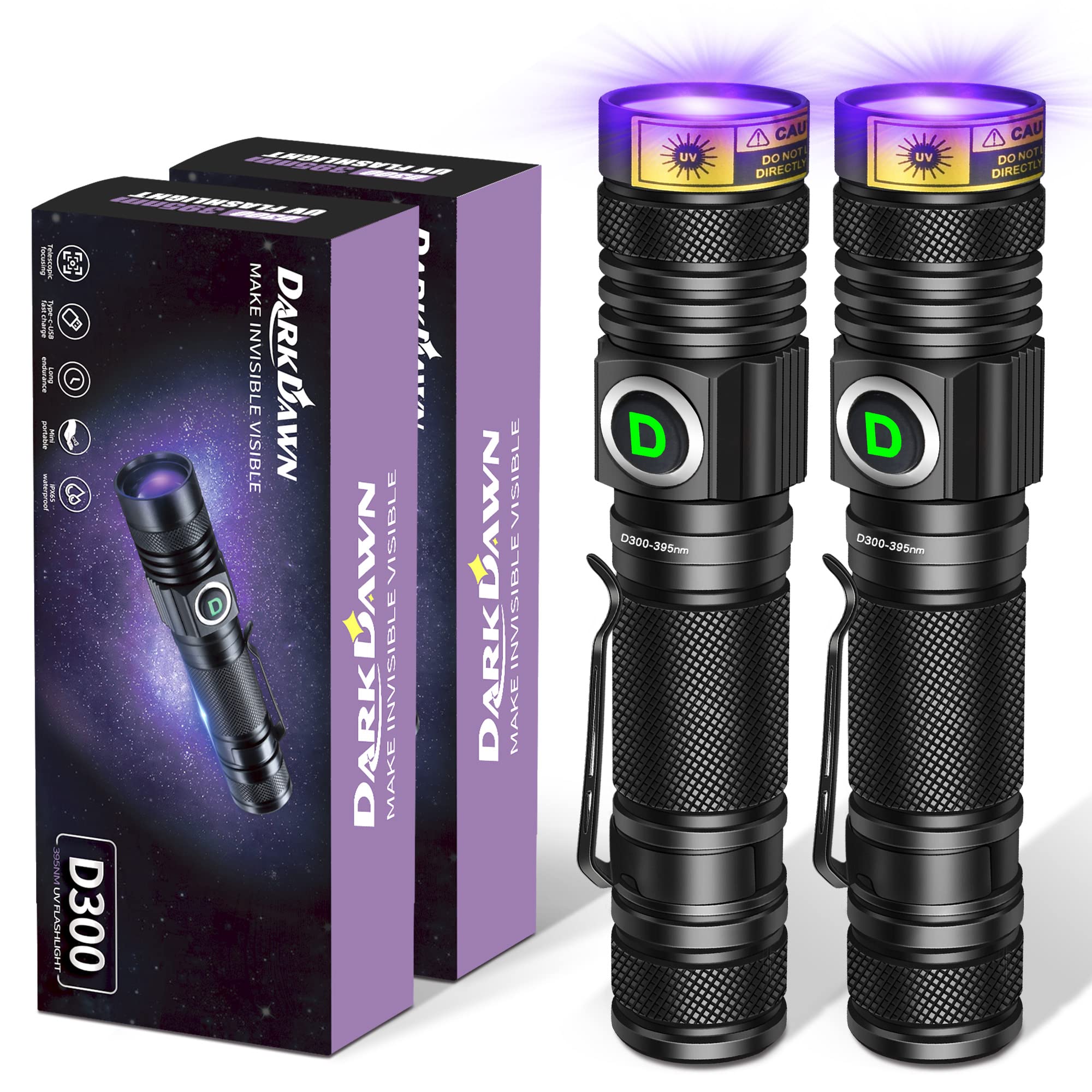 DARKDAWN UV Flashlight 395nm Black Light USB Rechargeable
